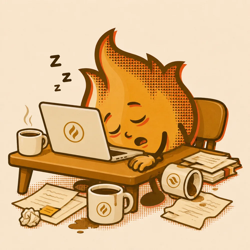 Spark the flame mascot building something at a laptop
