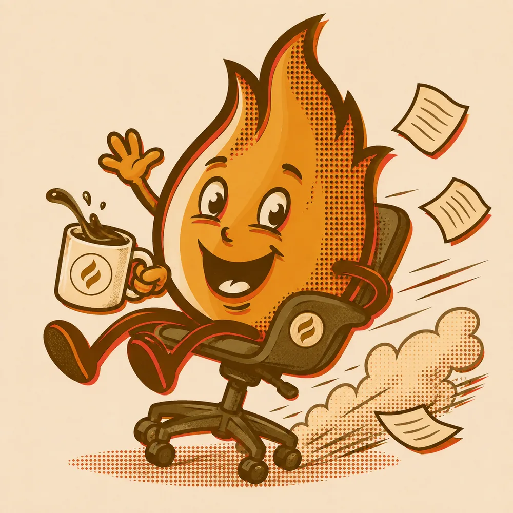 Spark the flame mascot racing on an office chair with a phone