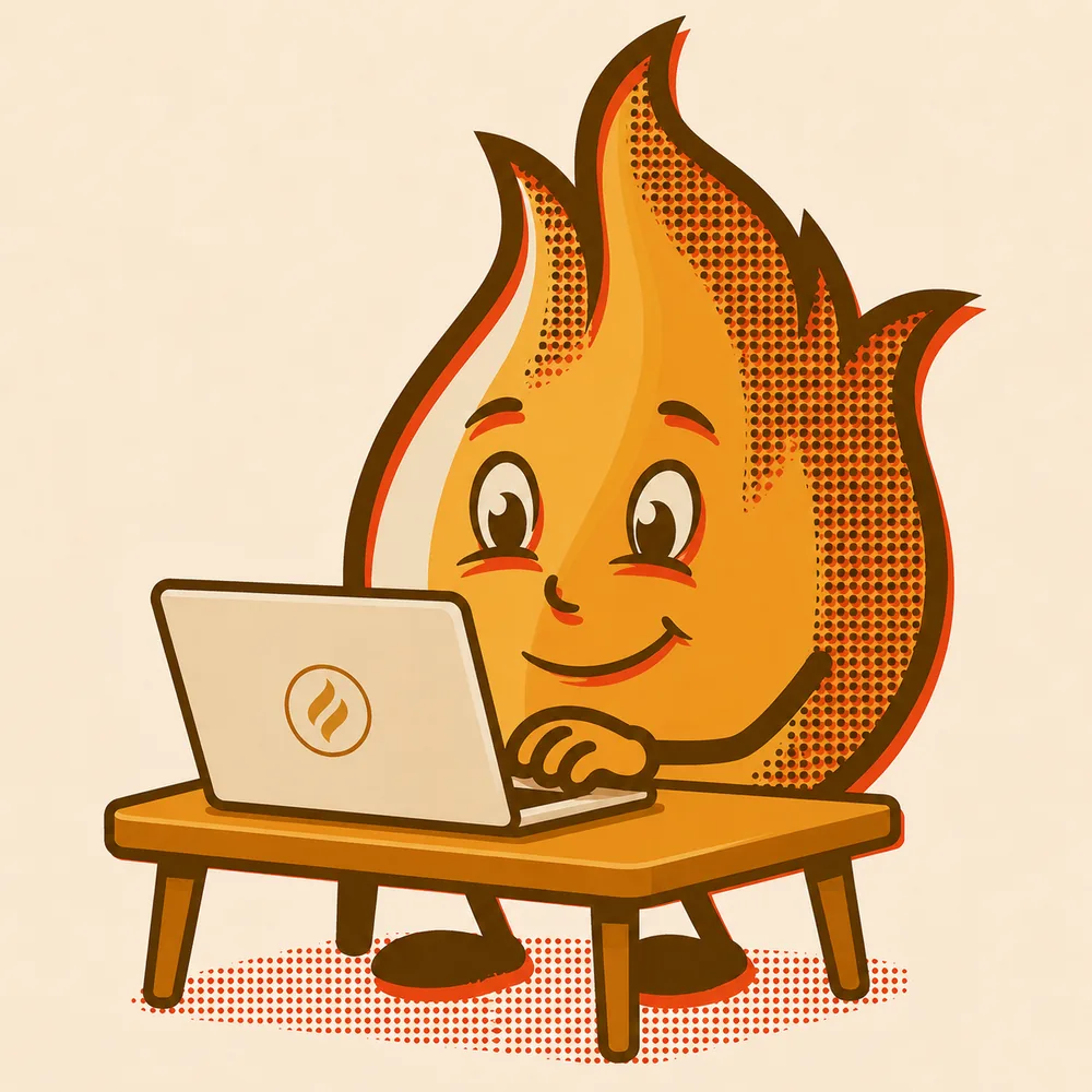 Spark, the Forge flame, at a laptop