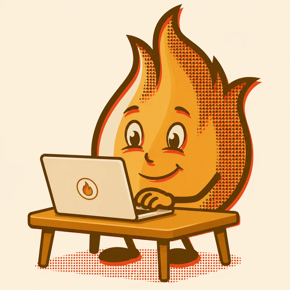 Spark the flame mascot building something at a laptop