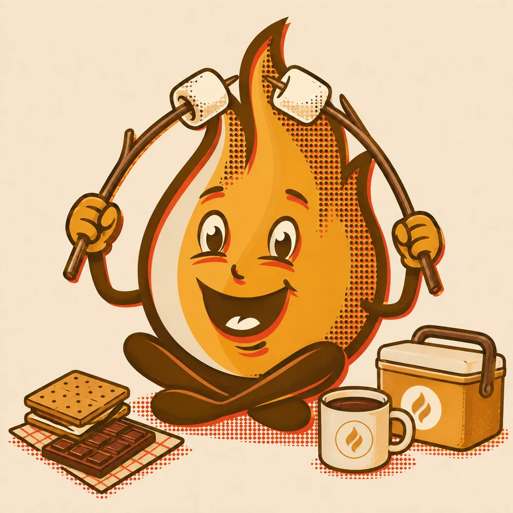 Spark the flame mascot toasting marshmallows