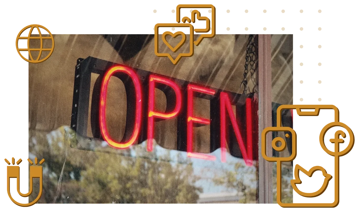 A neon OPEN sign in a shop window, ringed by line icons for the web, social and email